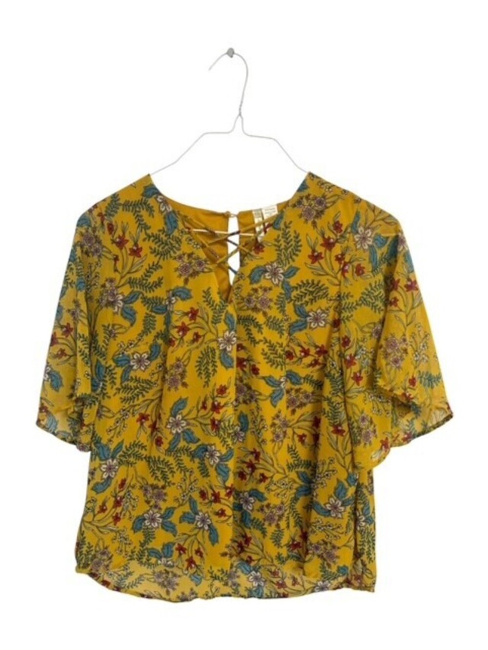 Japna Yellow Floral Print Polyester Blouse with Lace-up Medium Boho Cottagecore